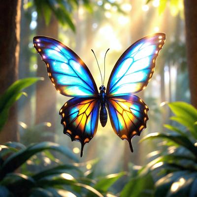 The primary subject of the image is a large, colorful butterfly. The butterfly is perched on a leaf, surrounded by a lush green forest. The setting includes a sunny day, which adds to the overall atmosphere of the scene. The visual style of the image is a combination of photo and digital art, creating a vibrant and realistic representation of the butterfly in its natural habitat.